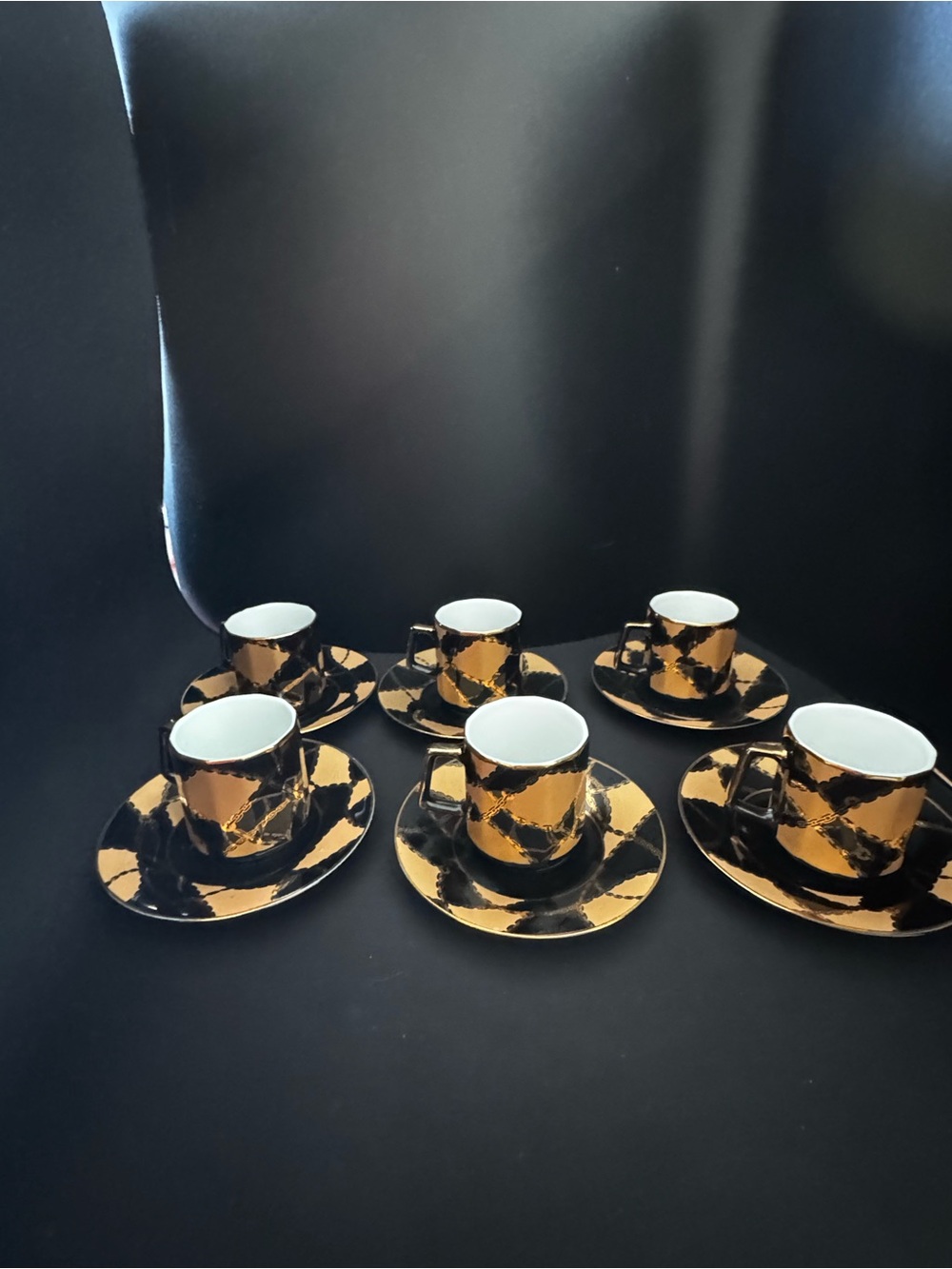 Black & Gold Patterned Espresso Cup and Saucer Set - 6 Pieces